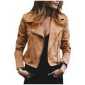 VEKDONE 2024 Clearance Womens Leather Jacket Motorcycle Faux Leather Jacket Long Sleeve Cropped Slim Jacket Zip-Up PU Jacket Moto Biker Coat