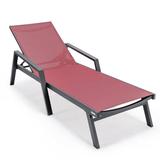 LeisureMod Marlin Patio Chaise Lounge Chair with Armrests Poolside Outdoor Chaise Lounge Chair for Patio Lawn & Garden Modern Black Aluminum Suntan Chair with Sling Chaise Lounge Chair (Burgundy)