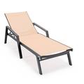 LeisureMod Marlin Patio Chaise Lounge Chair with Armrests Poolside Outdoor Chaise Lounge Chair for Patio Lawn & Garden Modern Black Aluminum Suntan Chair with Sling Chaise Lounge Chair (Light Brown)