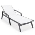 LeisureMod Marlin Patio Chaise Lounge Chair with Armrests Poolside Outdoor Chaise Lounge Chair for Patio Lawn & Garden Modern Black Aluminum Suntan Chair with Sling Chaise Lounge Chair (White)