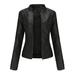 Ecqkame Women s Faux Leather Motorcycle Jacket Ladies Slim Leather Stand-Up Collar Zipper Stitching Solid Color Fall Jacket Black L