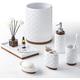 RQYIXI Bathroom Accessories Set 6 Pcs Toothbrush Holder Soap Dispenser Ceramic and Wood Bathroom Set with Trash Can Soap Dispenser Toothbrush Holder Tray Tumbler Soap Dish White