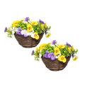 Primrose Premium Large Artificial Outdoor Hanging Baskets With Flowers (Yellow, Purple & White Pansy, Set of 2)