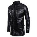 tklpehg Mens Long Sleeve Leather Jacket Mid-length Leather Stand-collar Four-pocket Motorcycle Jacket Coats Black L