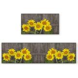 Area Rug Set 2 Piece Non-Slip Doormat Kitchen Mats Summer Sunflowers Blossoms Indoor Water Absorbent Runner Rugs for Kitchen Floors Vintage Wood Grain Board