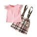 Fsqjgq Girls Spring Dress Toddler Baby Girl Clothes Toddler Kids Baby Girls Lace Sleeveless Ribbed T Shirt Tops Suspender Skirts Plaid Dress 2Pcs Princess Outfits Clothes Set Size 90 Pink