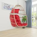 Indoor Outdoor Egg Swing Chair Without Stand Patio Wicker Rattan Hanging Chair with Cushion 350lbs Capacity Foldable Swing Chair Hanging Egg Chair All Weather Foldable Hammock Chair for Porch Red