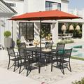 Sophia & William 8-Piece Outdoor Dining Set with 13 ft Double Sided Orange Red Umbrella Patio Table & Metal Chairs for 6