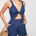 Free People Pants & Jumpsuits | Free People - Take Me Somewhere Pattern Front Tie Cut Out Denim Romper, S | Color: Blue/White | Size: S