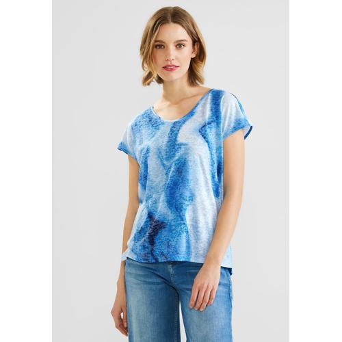 T-Shirt STREET ONE Gr. 44, blau (blue bay) Damen Shirts V-Shirts mit Burnout-Optik