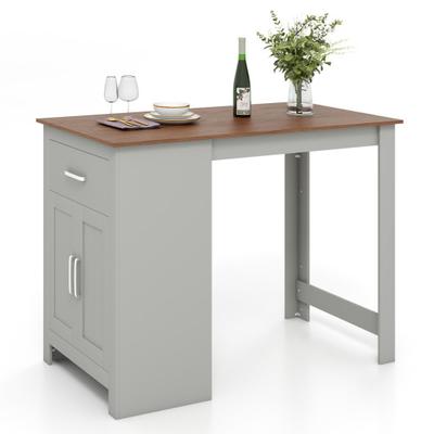 Costway Counter Height Bar Table with Storage Cabinet and Drawer-Gray