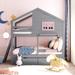 Wooden Twin Over Twin House Bunk Bed with 2 Drawers, 1 Storage Box, 1 Shelf, Window & Roof