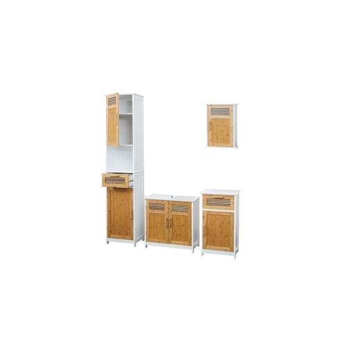 Badezimmerset HWC-A85, Badmöbel Hochschrank Waschbeckenunterschrank Hängeschrank Kommode Bambus, weiß