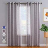 Sheer Curtains 63 Inches Long for Living Room Bedroom Bathroom Curtain Window Grommet Voile Drapes Stripe Farmhouse Curtains Faux Linen Window Treatments Semi Curtain Purple 52 X63 2 Panels