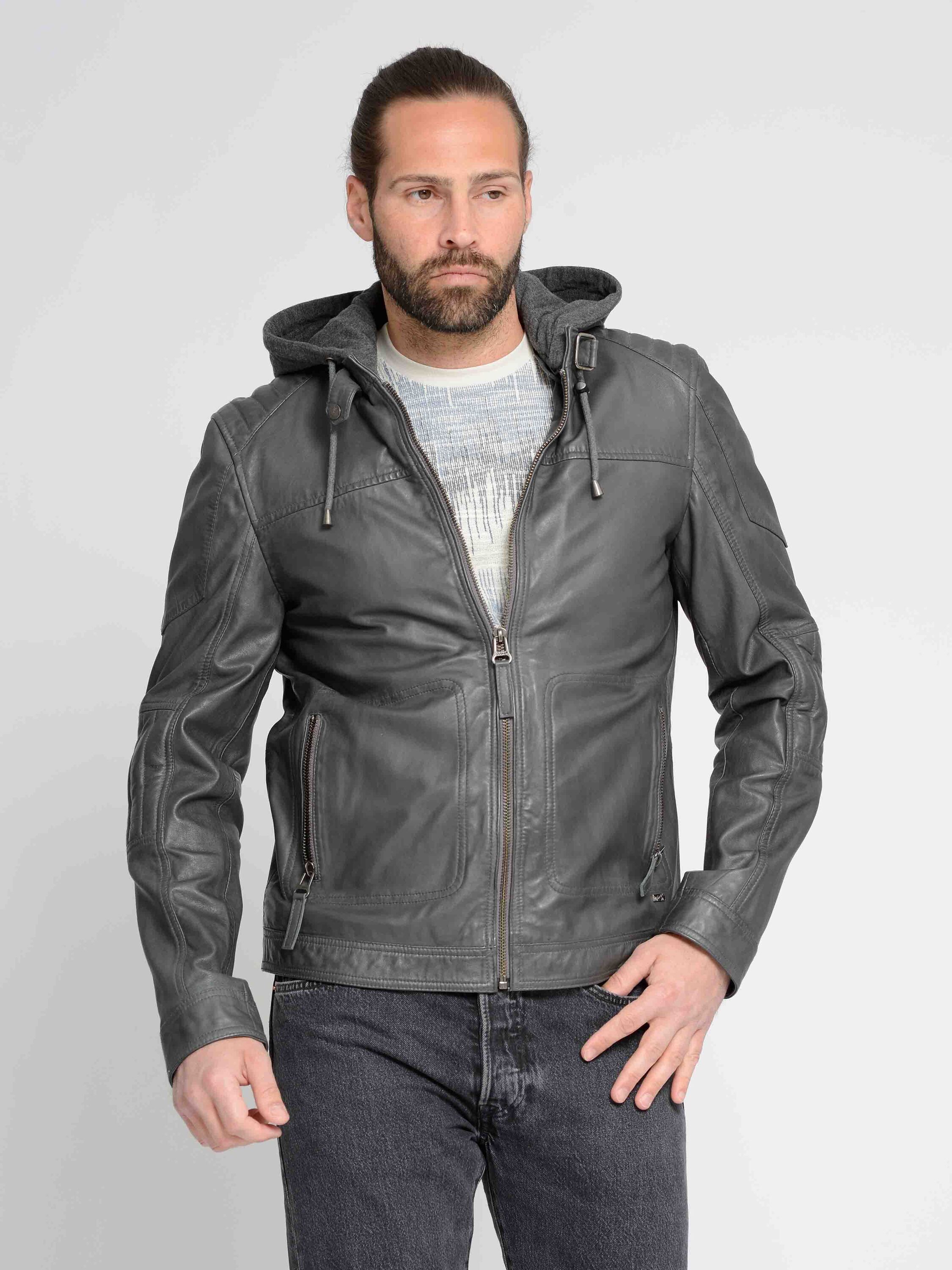 Lederjacke MAZE "42021309", Herren, Gr. M, grau, Obermaterial: 100% Lammleder; Futter: 100% Baumwolle; Ärmelfutter: 100% Polyester; Kapuze: 52% Baumwolle; 48% Polyester, Jacken