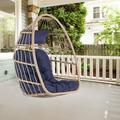 SYNGAR Wicker Hanging Egg Chair Patio Foldable Hammock Chair with Hanging Chains Outdoor Basket Swing Chair with Navy Cushions All Weather Rattan Egg Chair for Balcony Porch Bedroom D7746