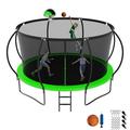 Jump Into Fun 12FT Trampoline for Adults/Kids Trampoline with Enclosure Basketball Hoop Ladder Wind Stakes 1200LBS Capacity for 5-6 Kids Outdoor Galvanized Full Spray Round Trampoline Green