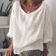 T-shirt à manches longues et col rond pour femme Blouse en coton et lin couleur unie Vintage