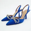 Escarpins Slingback bleus pour femmes escarpins à talons hauts en cristal chaussures de soirée à