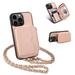 ELEHOLD for iPhone 13 Pro Max 6.7 Crossbody Leather Case Card Slots Zipper Wallet Kickstand Premium Leather Full Body Protection with Metal Shoulder Strap Wallet Case Pink