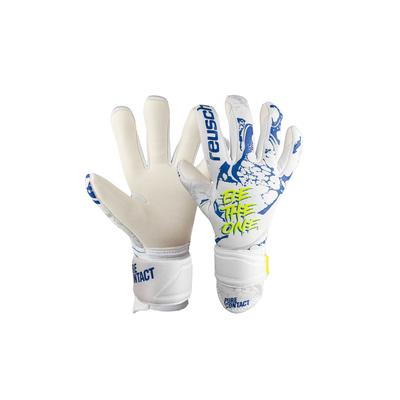 Torwarthandschuhe REUSCH "Pure Contact Silver Junior", Kinder, Gr. 6, weiß (weiß, blau), 49% Polyester, 43% Elastodien, 8% Polyamid, mehrfarbig, sportlich, Handschuhe, mit sehr gutem Grip