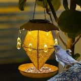 Solar Bird Feeder for Outdoors Hanging Solar Bird Feeder Decorative Metal Panels Hanging Bird House with Light for Feeding Wild Bird Feeder Gift for Bird Lovers Outdoor Garden Backyard Decoration