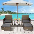 Kinbor 5pcs Outdoor Wicker Set with Ottoman and Glass Side Table Porch Conversation Sets Patio Furniture with Gray Cushions