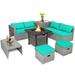 Topbuy 9 Pieces Outdoor Patio Furniture Set w/ 32-Inch Propane Fire Pit Table PE Wicker Sectional Sofa Set with Storage Box and Cushions Turquoise