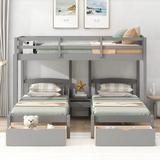 Solid Wood Triple Bunk Bed, Twin over Twin Bunk Bed with Built-in Drawer, Ladder & Storage, Perfect for 3 Kids Family