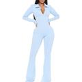 Womens Jumpsuits Casual Dressy Autumn Ladies Office Rompers Flare Pants Zipper Long Sleeve Turndown Collar Plus Size Women Jumpsuits