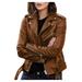 Ecqkame Women s Faux Leather Belted Motorcycle Jacket Long Sleeve Zipper Fitted Fall and Winter Fashion Moto Bike Short Jacket Coat Bown 2XL