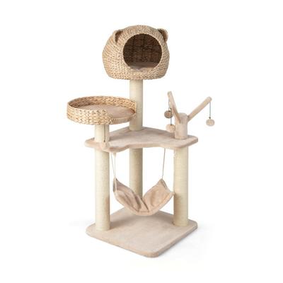 Costway Multi-Level Cat Tree with Condo Hammock and Rotatable Hanging Balls-Natural