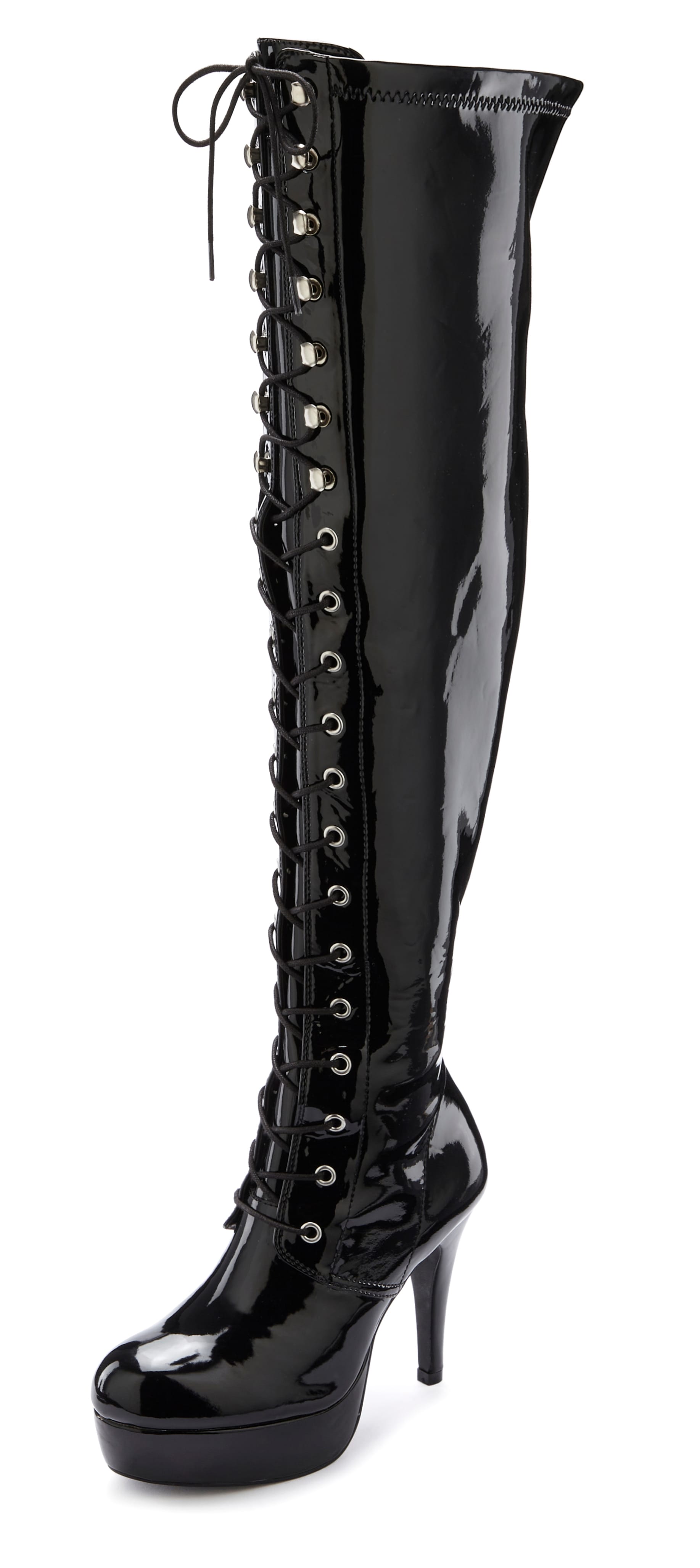Overkneestiefel "High-Heel-Stiefelette zum Schnüren", Damen, Gr. 36, schwarz, Obermaterial: 100% Lederimitat. Futter: 100% Textilmaterial. Decksohle: 100% Lederimitat. Laufsohle: 100% Synthetik, LASCANA BELLE AFFAIRE, glänzend, unifarben, Schuhe...