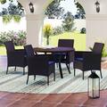 Lark Manor™ Alyah 5 Pcs Outdoor Dining Sets w/ 4 Rattan Chairs & 1 Rectangular Pvc Top Table Metal in Black/Blue/Brown | 44 W x 44 D in | Wayfair