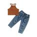 Suanret 2Pcs Kids Little Girls Jeans Sets Sleeveless Camisole Elastic Waist Ripped Denim Pants Summer Outfits Orange 4-5 Years