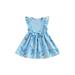 Suanret Kids Baby Girls Dress Fly Sleeve Crew Neck Flower Dress Bowknot Summer A-line Dress Beachwear Blue 2-3 Years