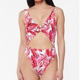 Jessica Simpson Swim | Jessica Simpson Printed Paradiso Palm O-Ring Cut-Out One-Piece Swimsuit | Color: Pink/White | Size: Various