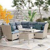 4-Piece All Weather PE Wicker Rattan Sofa Set with Reclinable Chaise Lounge