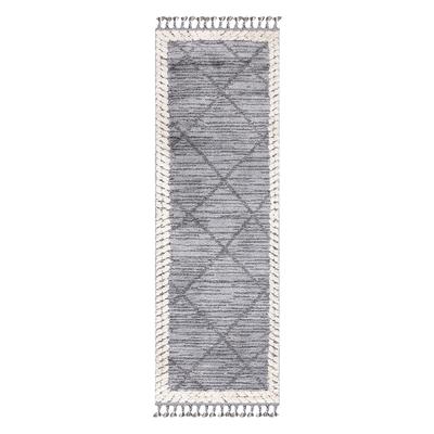 Tapis bohème chic à franges tressées gris et crème 80x300cm