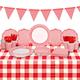 Gatherfun Gingham Red and White Party Supplies Disposable Paper Plates Napkins Cups Knives Spoons Forks Tablecloth Banner for Birthday Party Family Dinner Picnic Barbecue Mother's Day Party, Serve 25