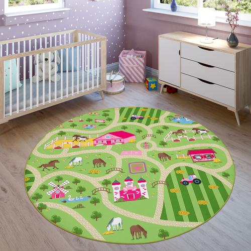 Kinderteppich PACO HOME ""Bino 560"" Teppiche Gr. Ø 160cm, 4mm, grün Kinder Kurzflor, Straßen-Spiel-Teppich, Motiv Bauernhof, Kinderzimmer