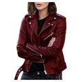 Stamzod Women s Faux Leather Belted Motorcycle Jacket Long Sleeve Zipper Fitted Fall and Winter Fashion Moto Bike Short Jacket Coat Wine 4XL