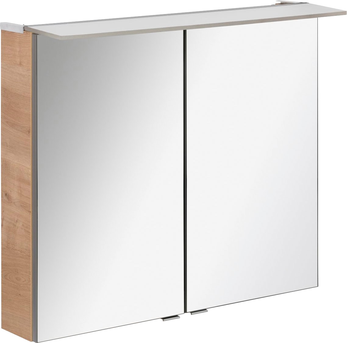 Spiegelschrank FACKELMANN "PE 80 - Ast-Eiche", silber (silberfarben), B:80 H:69 T:24, Glas, Schränke, Spiegelschrank mit Beleuchtung, Badmöbel Breite 80 cm, 2 Türen, doppelseitig verspiegelt Image
