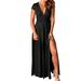 Women s Deep V Neck Short Sleeve Long Dresses Pleated High Waist Slit Club Party Evening Maxi Dress