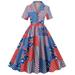 PMUYBHF Dresses for Women 2023 Women Vintage 1950s Retro Short Sleeve V Neck Flag Print Party Prom Swing Dress Summer Dress Blue XL