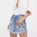 Free People Skirts | Free People Wild Rose Jean Skirt Size 2 Blue Embroidered Fray Hem Mini Floral | Color: Blue/Red | Size: 00