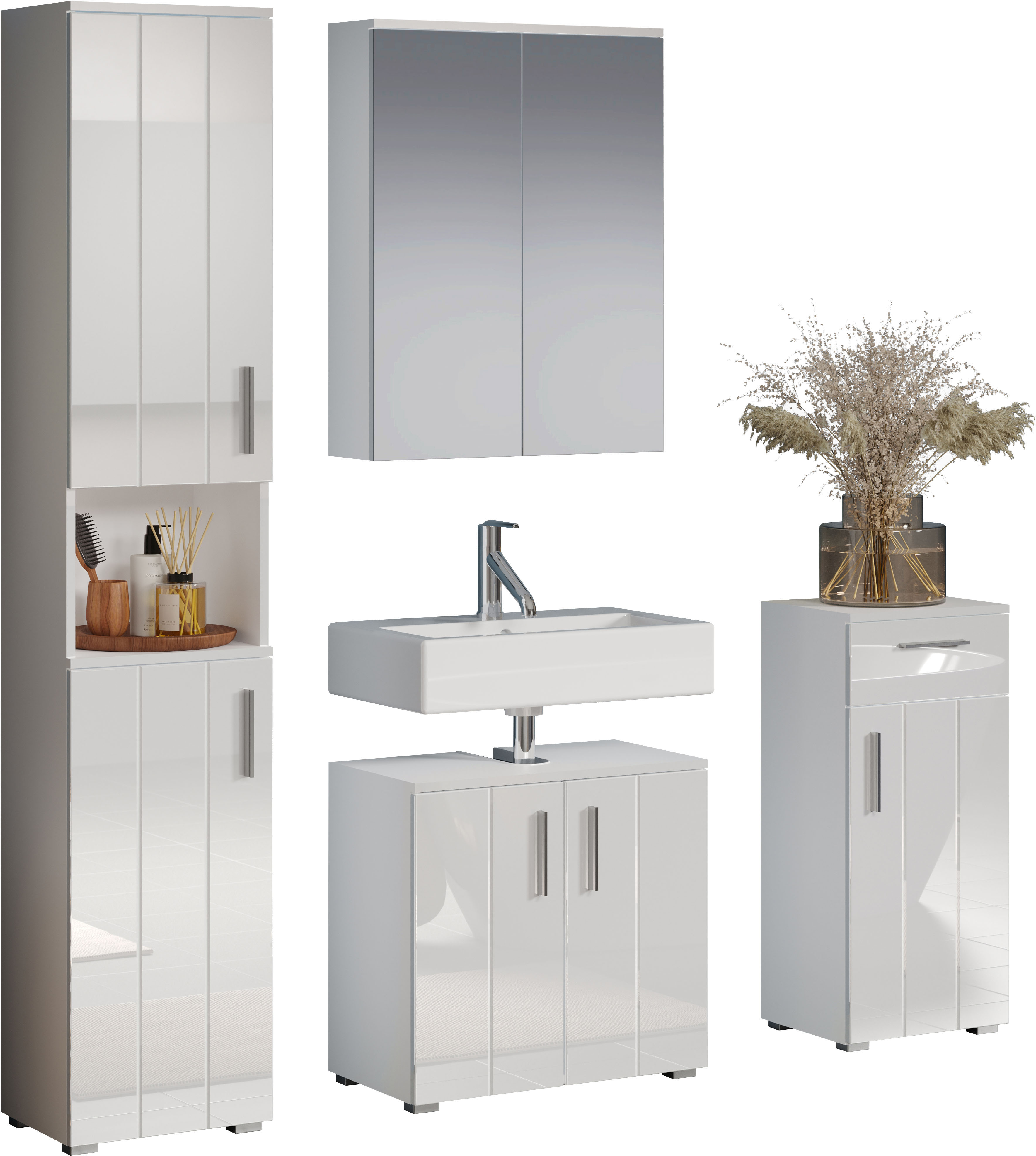 Badezimmer-Set WELLTIME "Prag", weiß (koprpus: weiß melamin, front: weiß hochglanz lack), B:164cm H:192cm T:32cm, Holzwerkstoff, Kastenmöbel-Sets, Komplettset bestehend aus: Hochschrank, Spiegelschrank, Standschrank