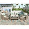 Outdoor Furniture Set Patio Furniture Set 4 Piece Outdoor Conversation Set All Weather Wicker Sectional Sofa with Ottoman and Cushions Glass Table Beige