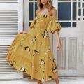 WQJNWEQ Dresses For Women Clearance Women S Sexy Neck Off-Shoulder Puffy Sleeve Print Dress Sleeveless Off-The-Shoulder Ankle Dress