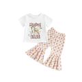 Kids Baby Girls Summer Outfits Set Short Sleeve Letters Horse Print T-shirt Tops with Plaid Flare Pants Clothes